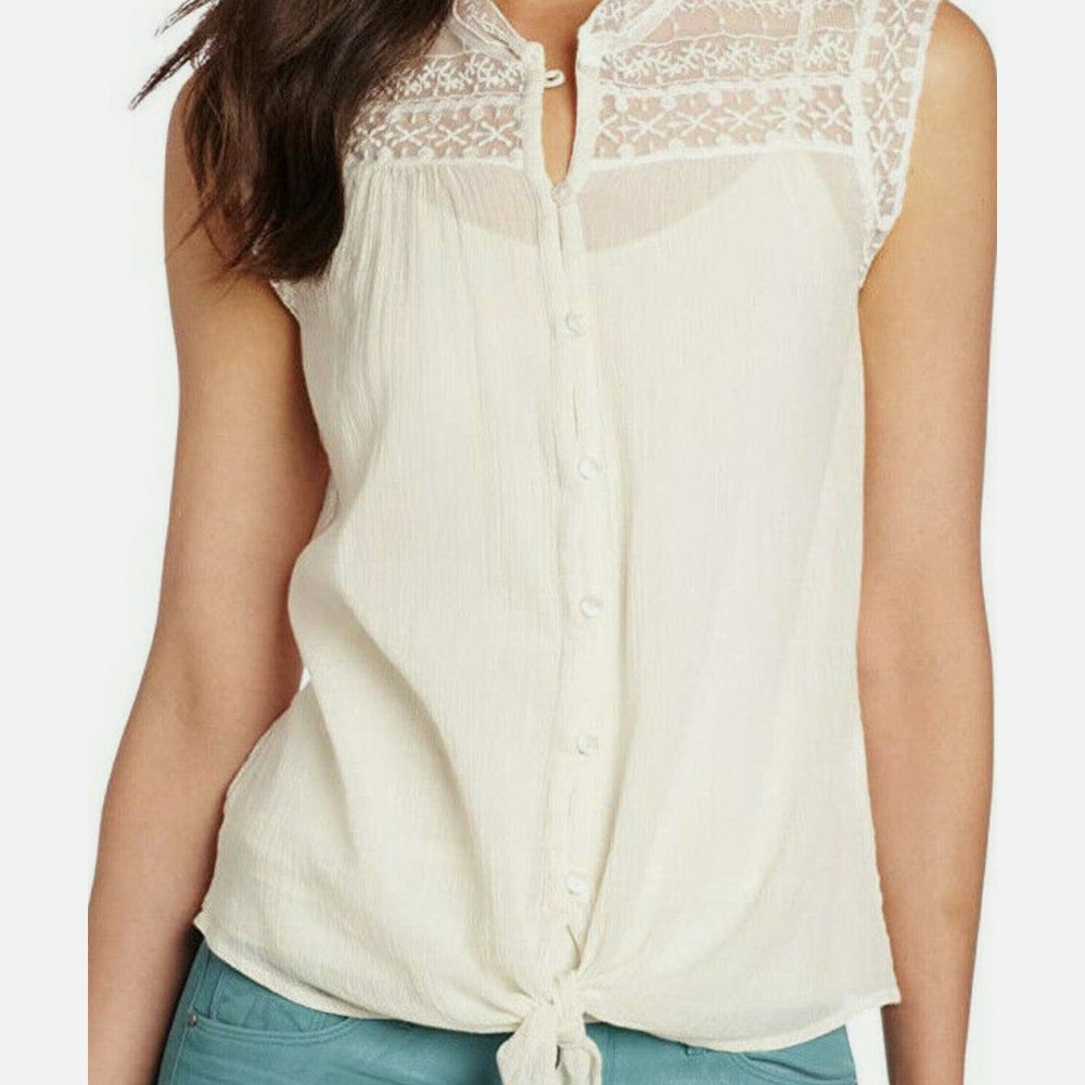 Lucky Brand Blakely Lace Button Down Sleeveless Peasant Top in off-white